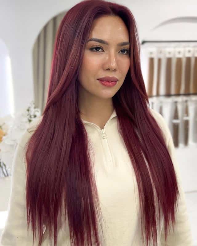 4. Straight Mahogany Burgundy Length with Center Part - Mahogany Hair Color