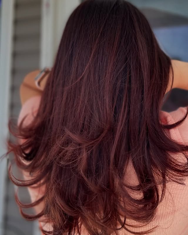 16. Feathered Mahogany Layers with Airy Movement - Mahogany Hair Color