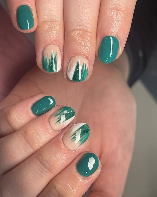 3. Brushstroke Forest Art – Short Rounds - forest green nail ideas