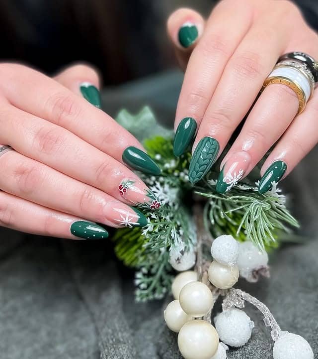 4. Winter Forest Glam – Mixed Almond Set - forest green nail ideas
