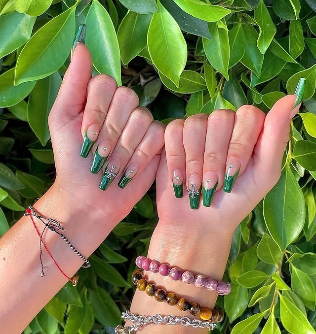 9. Botanical French with Stars – Long Coffins - forest green nail ideas