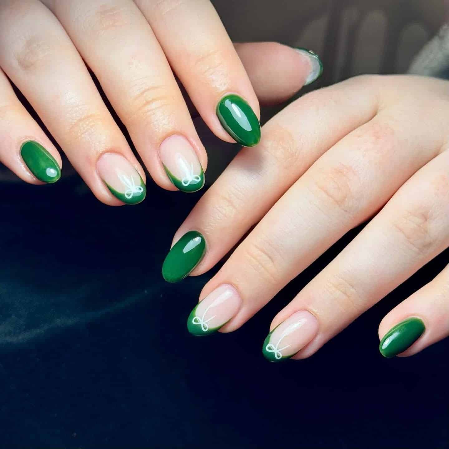 14. Green Ribbon French – Almond Nails - forest green nail ideas