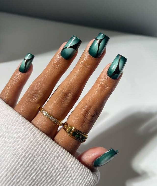 15. Metallic Forest Panels – Square Nails - forest green nail ideas
