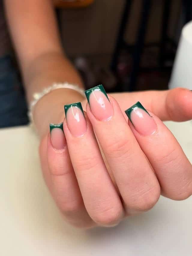 16. Classic Deep Green French – Square Nails - forest green nail ideas