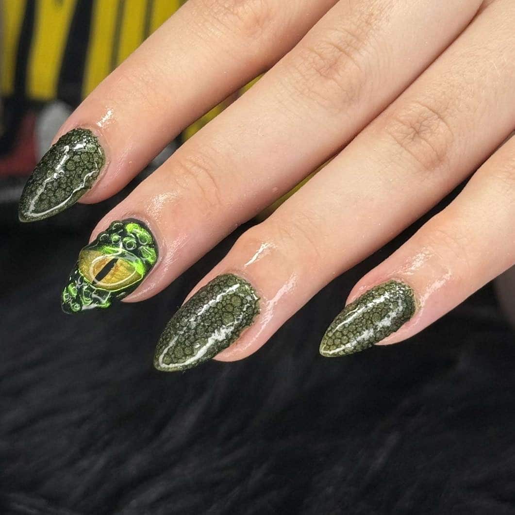 17. Reptile Texture Art – Almond Nails - forest green nail ideas