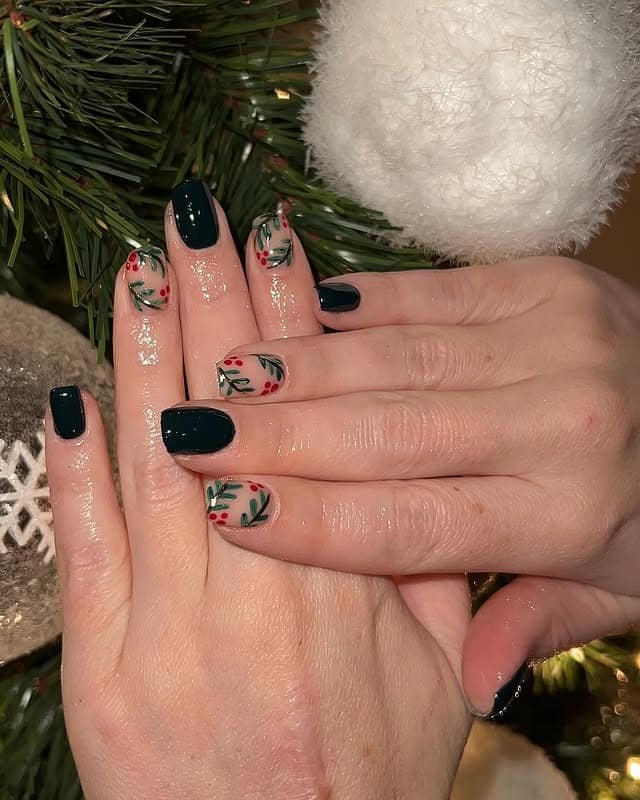 18. Holiday Pine & Berry – Short Rounds - forest green nail ideas