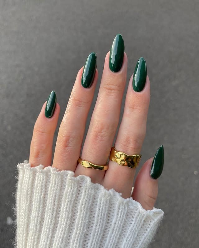 19. Evergreen Gloss – Almond Nails - forest green nail ideas