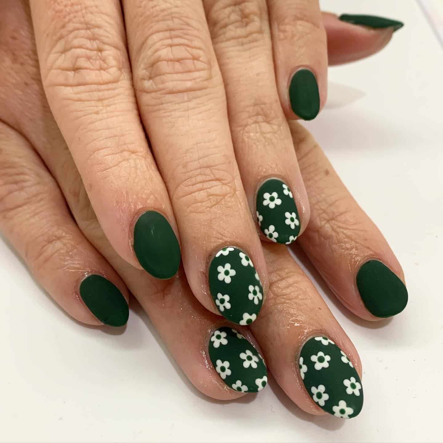 20. Matte Forest Floral – Oval Nails - forest green nail ideas