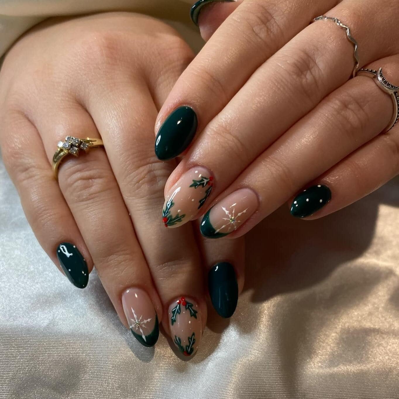 21. Holiday Holly Accents – Almond Nails in Deep Forest Green - forest green nail ideas