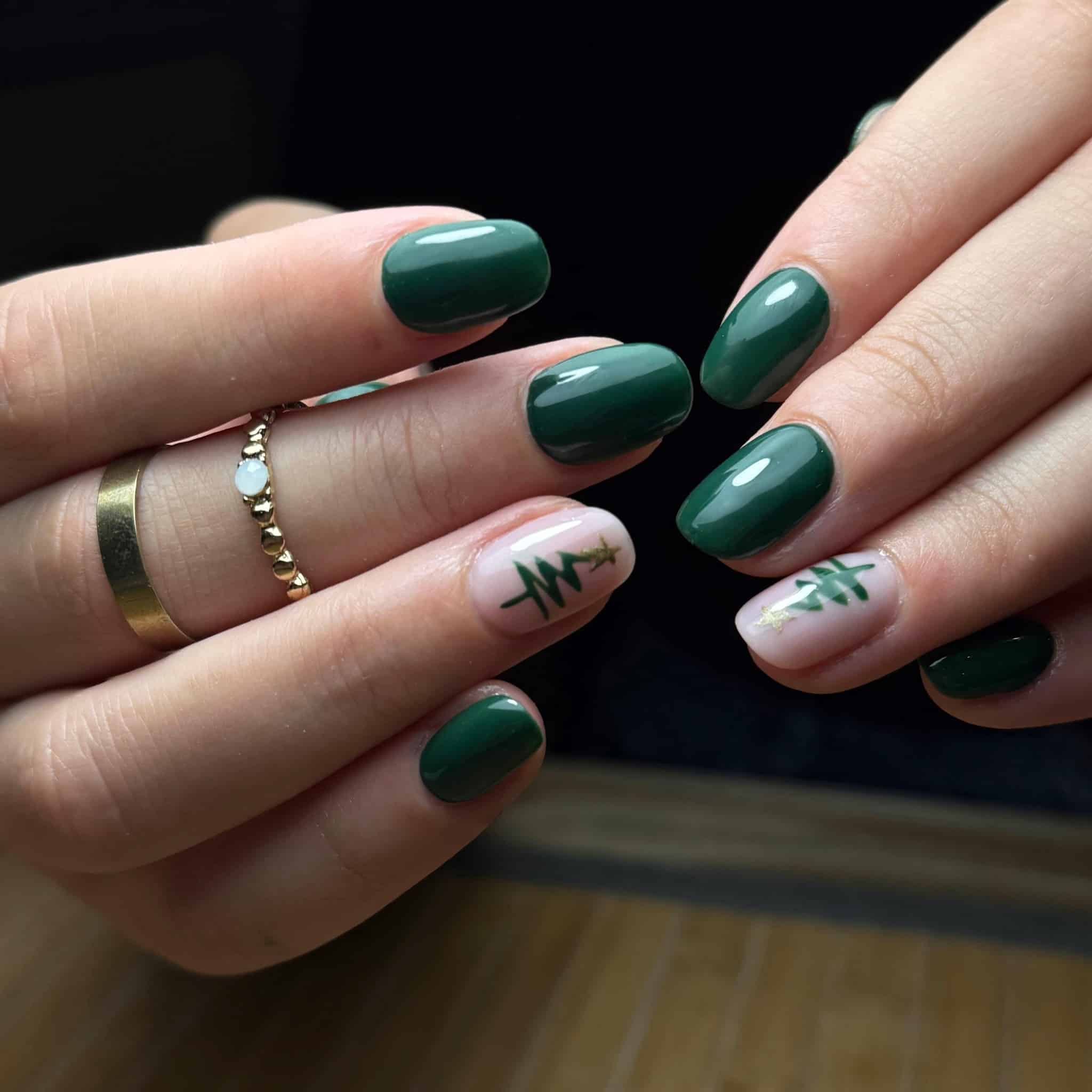 22. Minimal Evergreen Trees – Short Round Nails in Classic Forest Green - forest green nail ideas