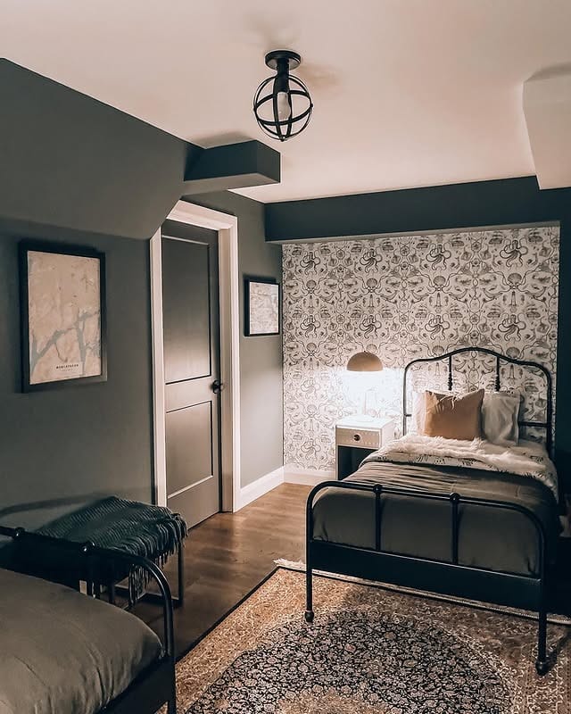 21. Charcoal Walls with Patterned Feature Wallpaper - basement bedroom ideas