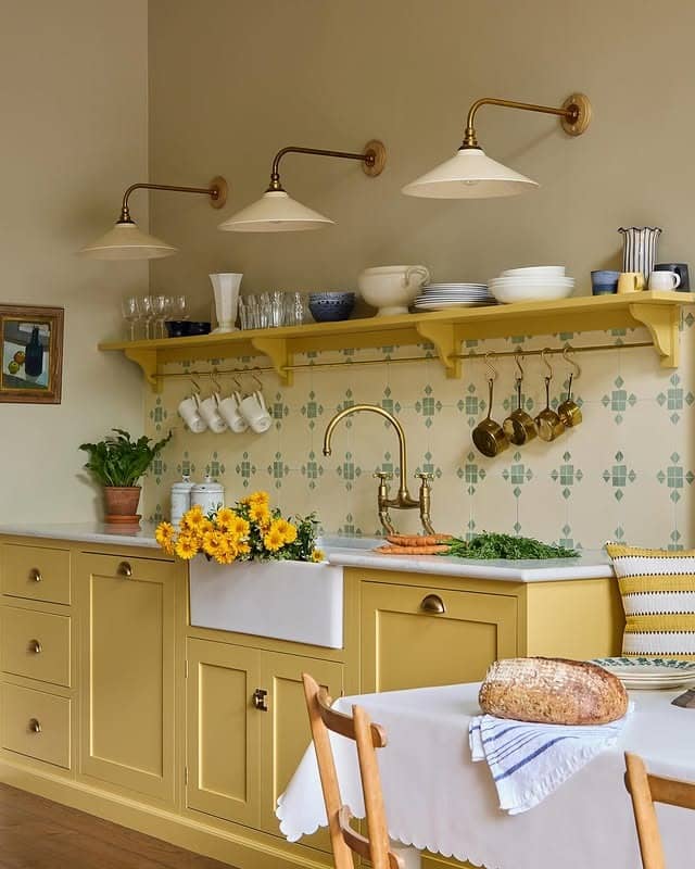 8. Soft Mustard Kitchen With Classic Fixtures and Brass Accents - yellow kitchen ideas