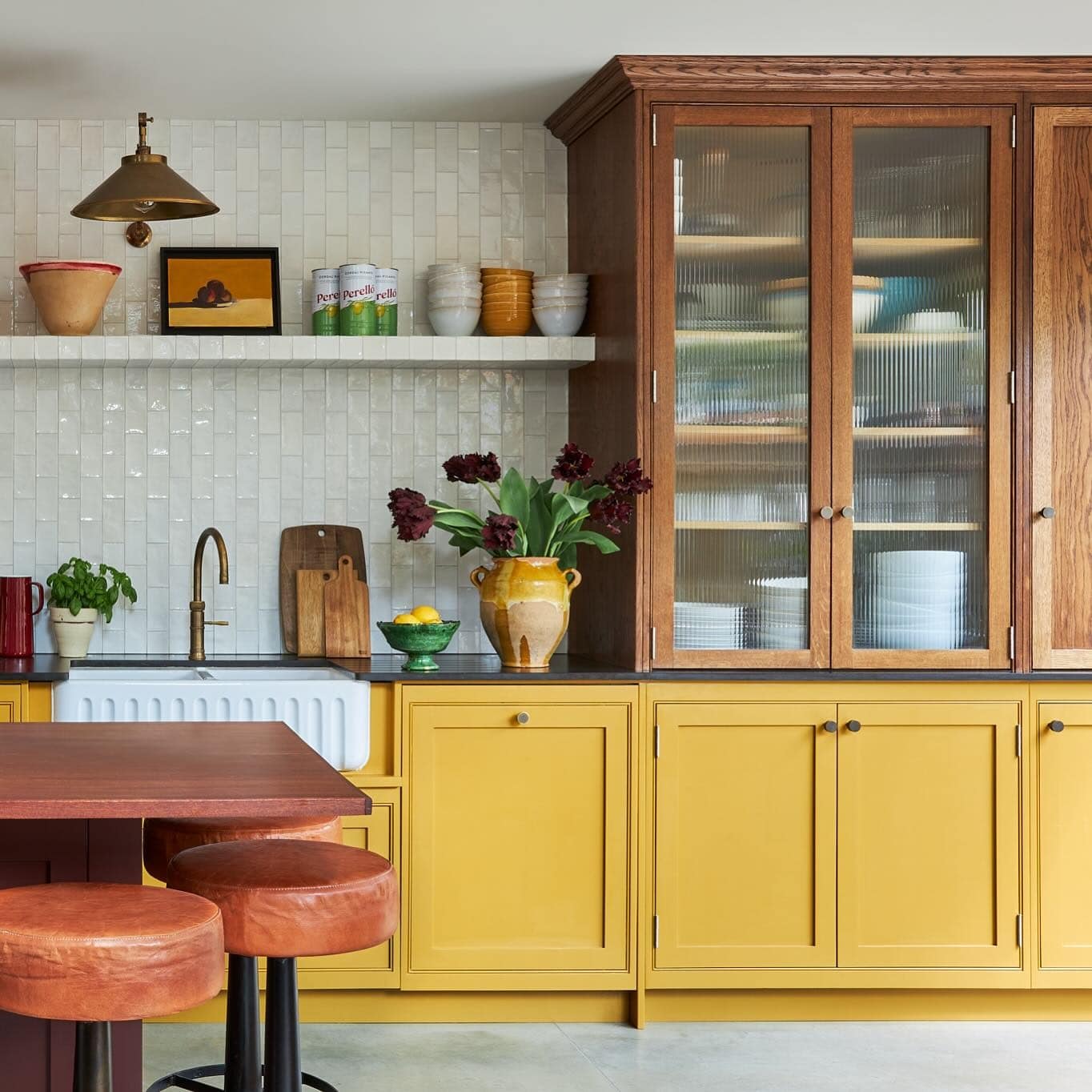 10. Yellow Shaker Cabinets With Rich Wood Display Pantry - yellow kitchen ideas