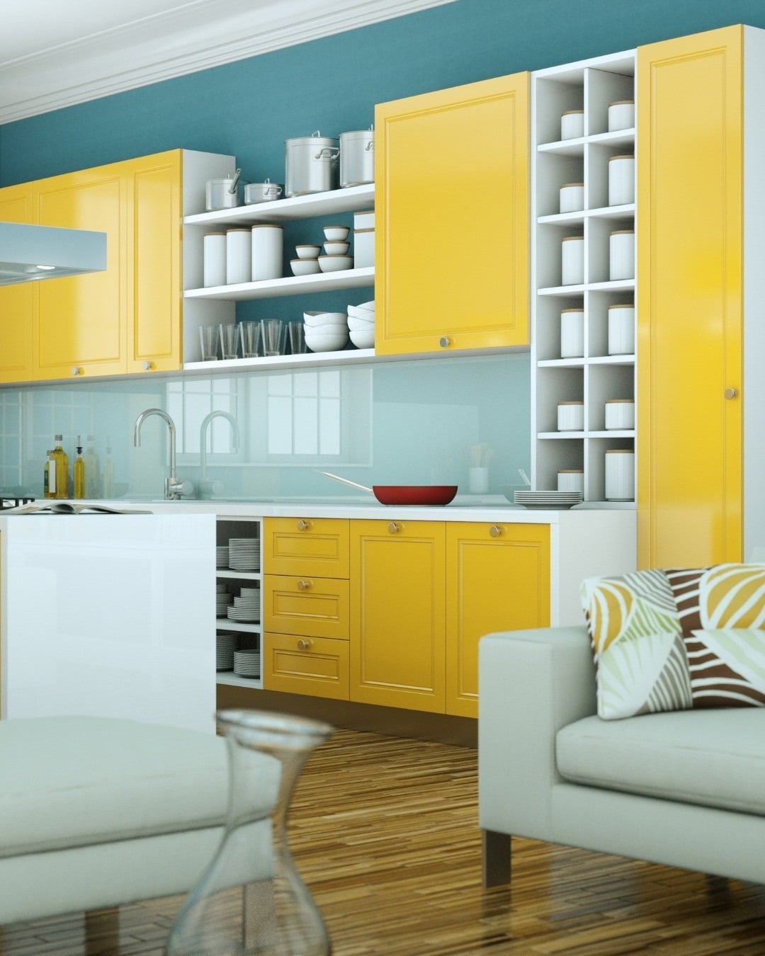 11. Modern Yellow and Teal Kitchen With Clean Gloss Accents - yellow kitchen ideas