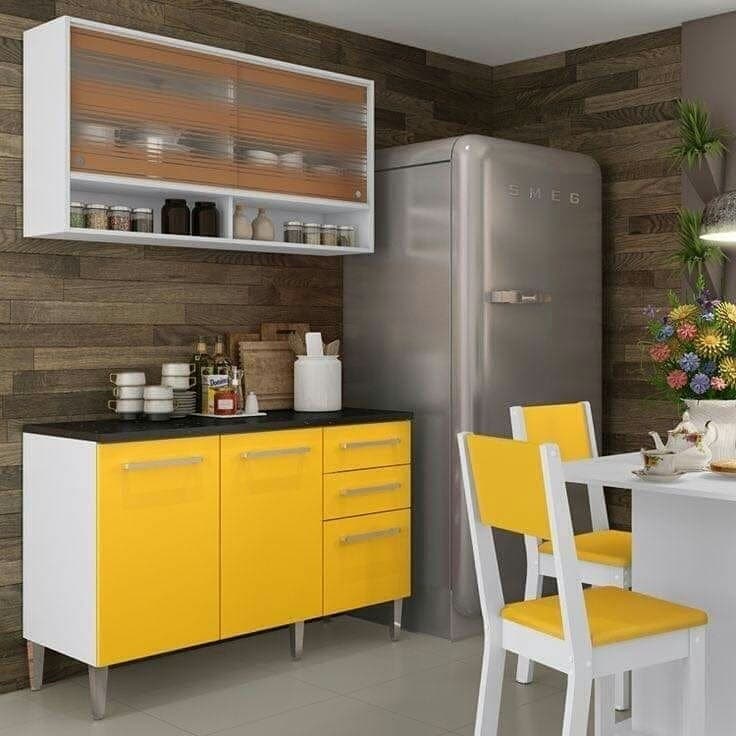 15. Compact Yellow and Walnut Kitchen With Textured Wall Treatment - yellow kitchen ideas