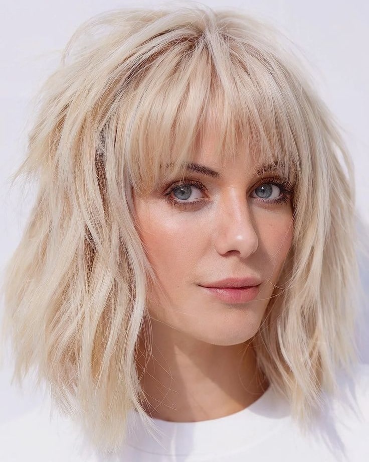 6. Textured Platinum Shag-Inspired Lob With Fringe - Lob Hairstyles