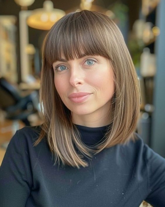 8. Rich Brunette Lob With Full Fringe - Lob Hairstyles