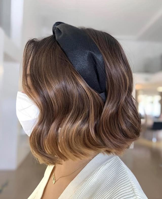 13. Glossy Chestnut Lob With Satin Waves and Headband - Lob Hairstyles