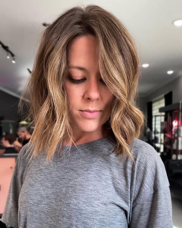 3. Warm Caramel Wavy Lob - Short Layered Haircuts