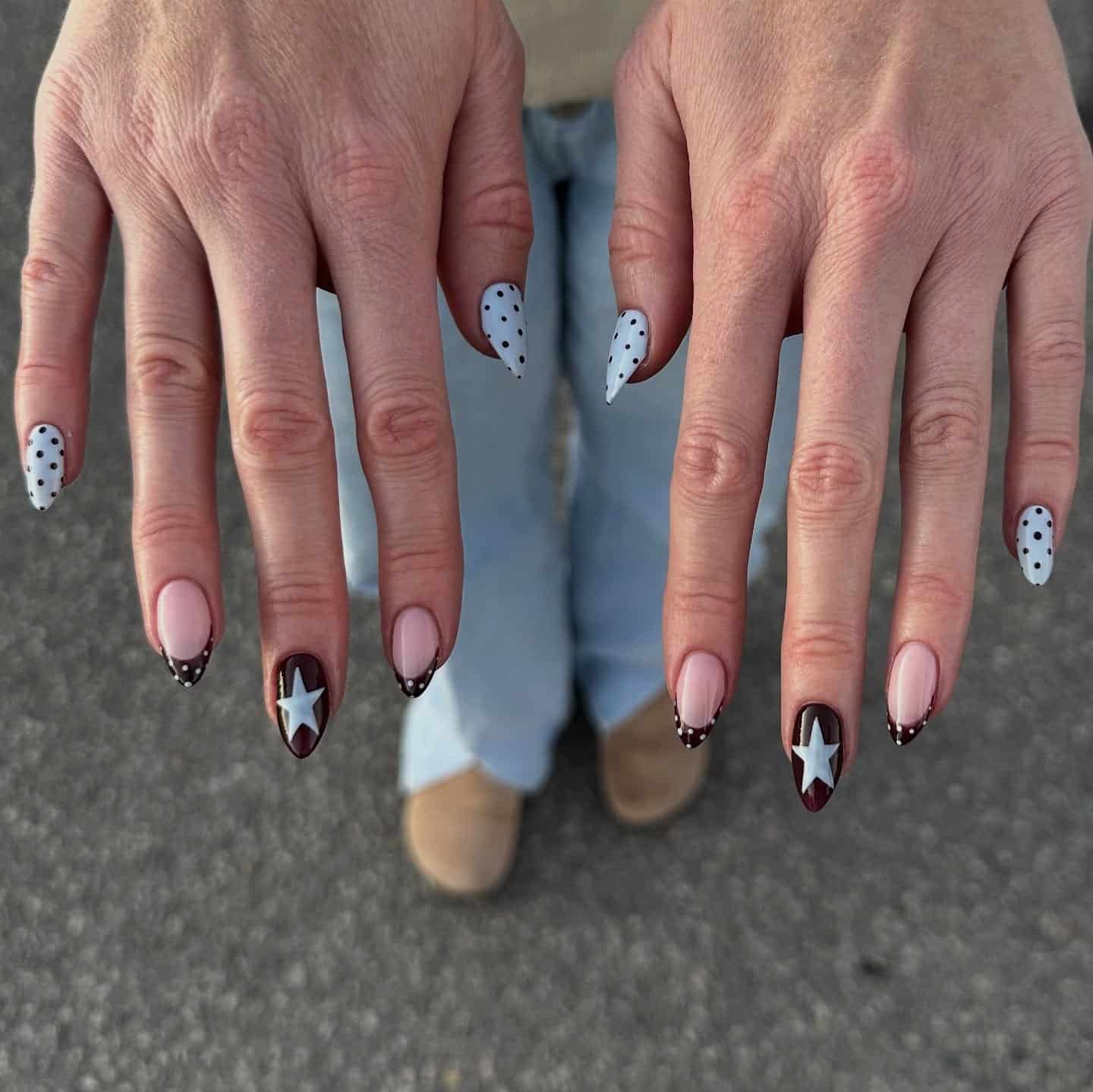 11. Mocha Star French With Polka Dot Accents - french tip fall nail ideas