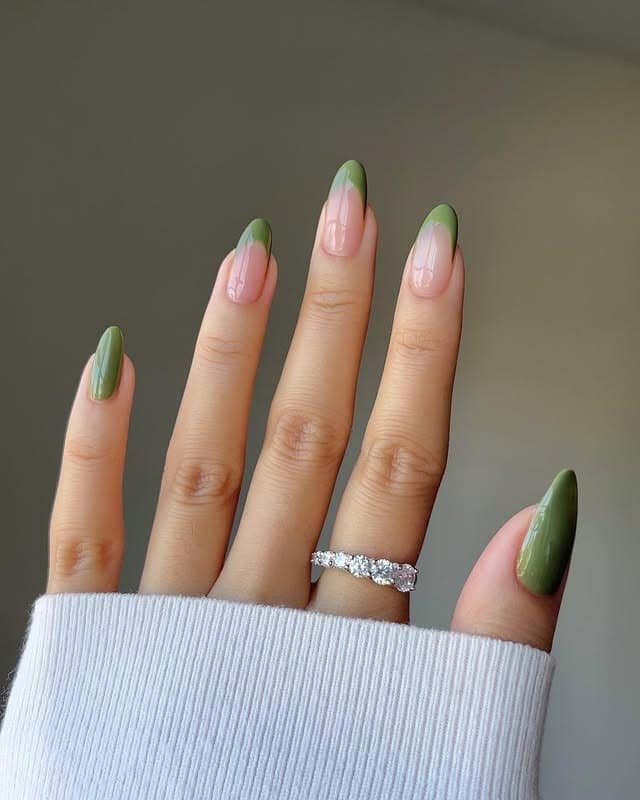 21. Olive Almond French With Gloss Accent Nails - french tip fall nail ideas