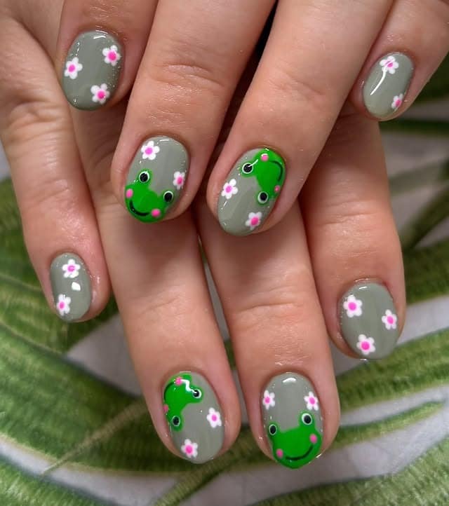 4. Soft Sage Frog Garden Nails - frog nail ideas
