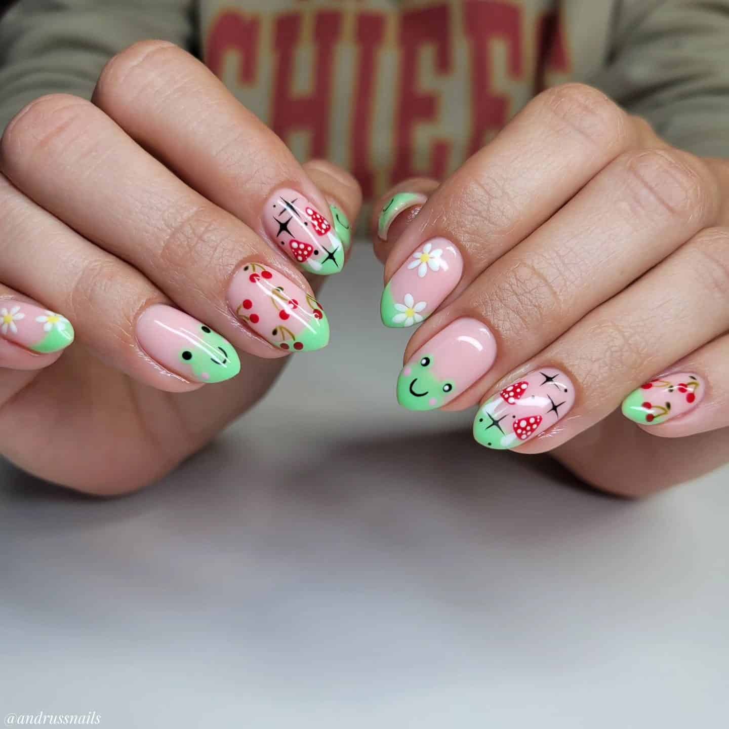 11. Mint Strawberry Frog French Tips - frog nail ideas