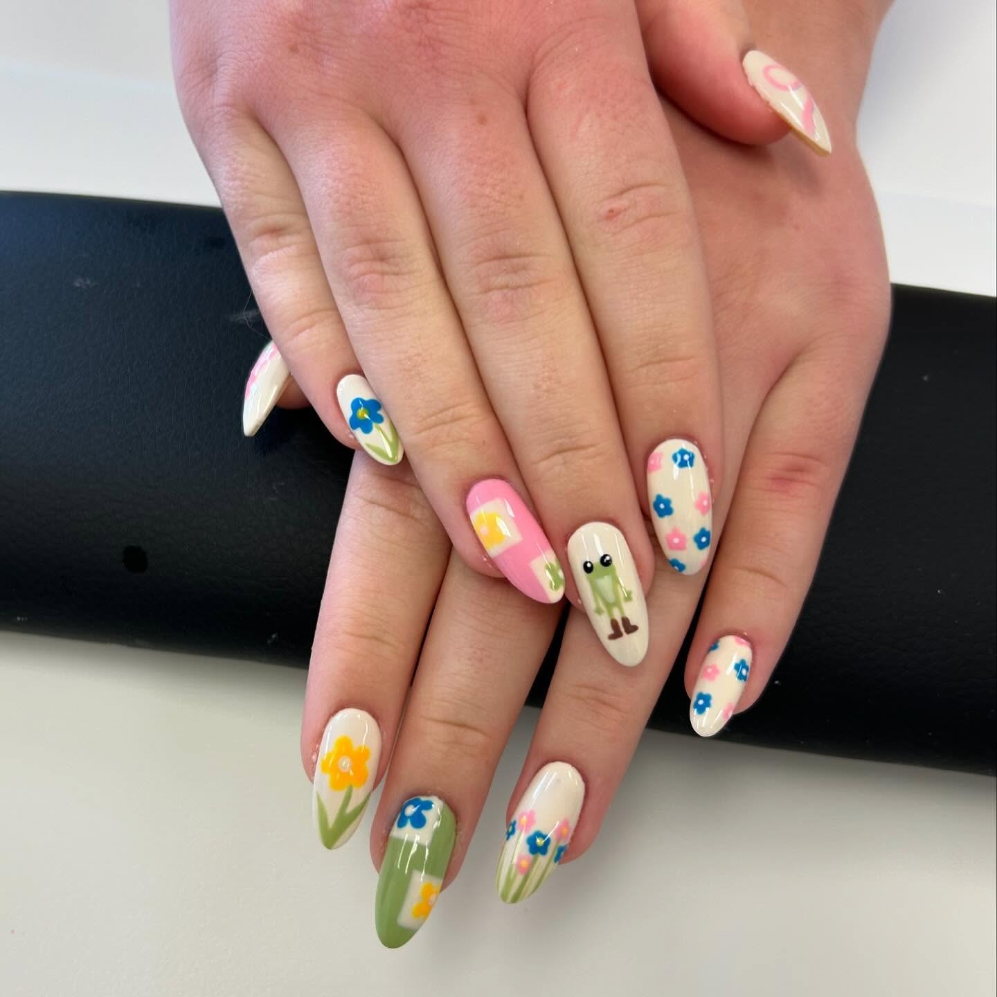 12. Pastel Garden Frog Character Nails - frog nail ideas
