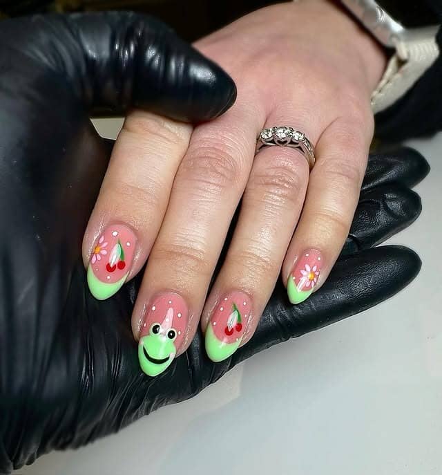 13. Cherry Blossom Frog French Nails - frog nail ideas