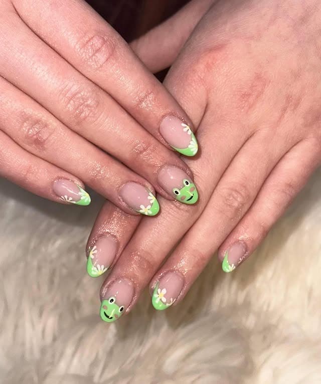 15. Soft Daisy Frog French Tips - frog nail ideas