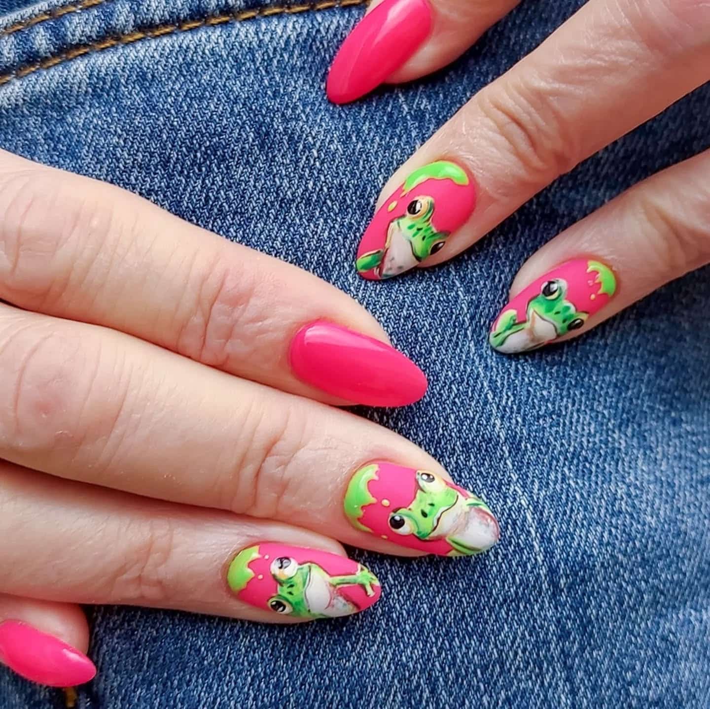 17. Neon Pink Frog Portrait Nails - frog nail ideas