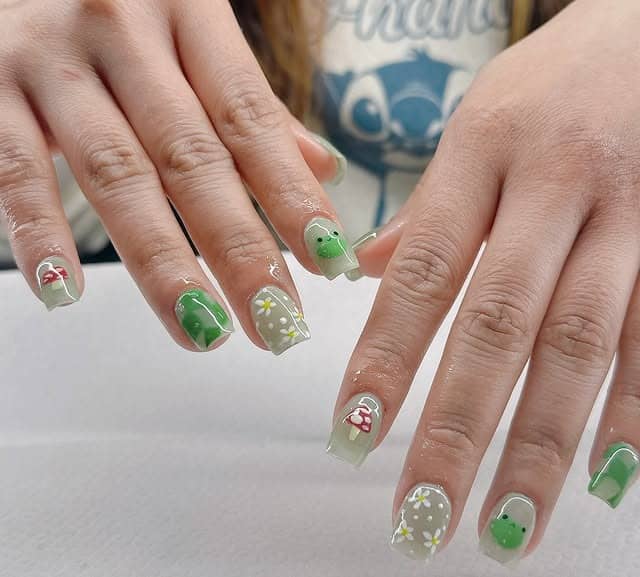 19. Soft Green Mushroom & Frog Square Nails - frog nail ideas