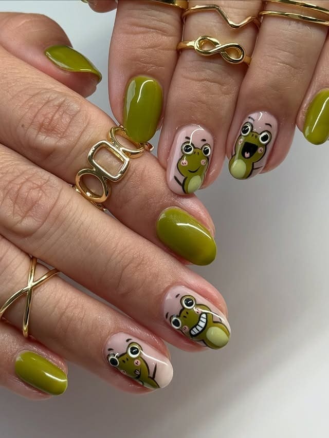 20. Olive Frog Character Nails - frog nail ideas