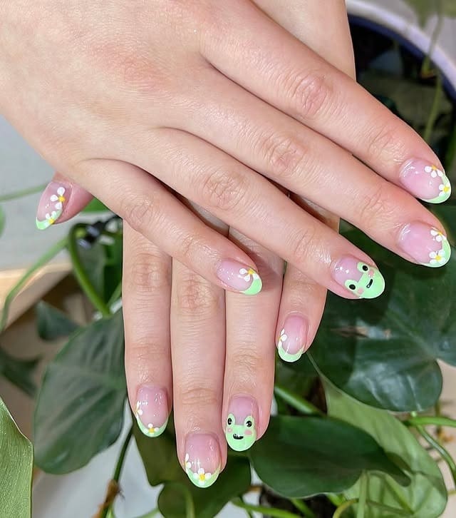 21. Soft Daisy Frog French Tips - frog nail ideas