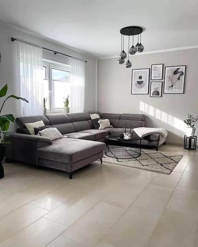 13. Contemporary Grey with Graphic Black Accents - home decor ideas for living room