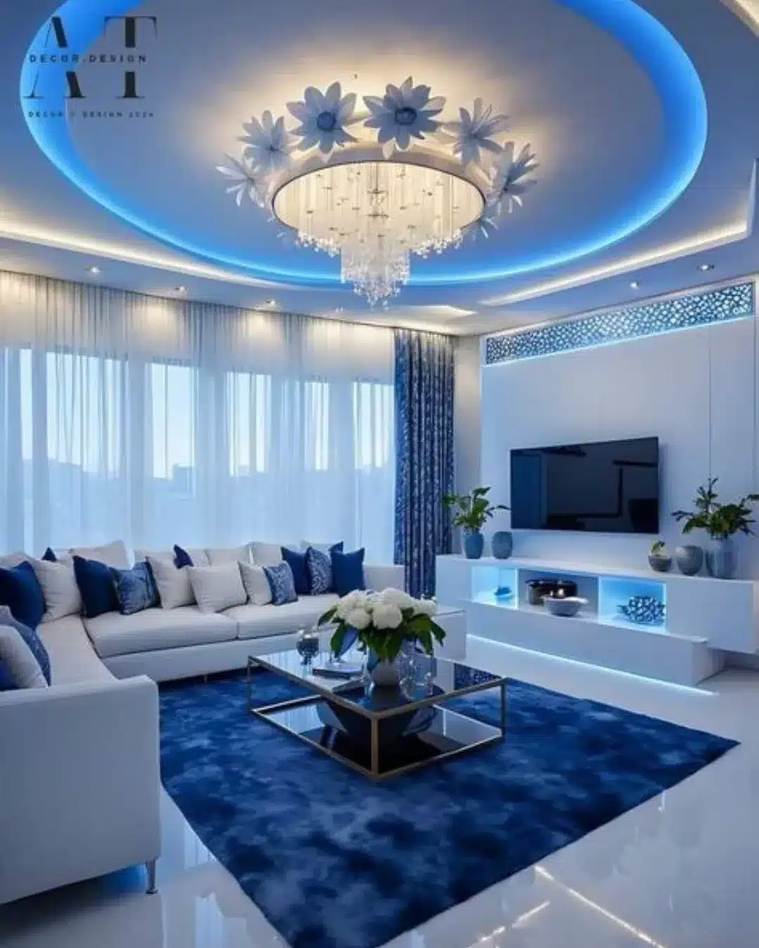 14. Blue and White Luxury with LED Ambience - home decor ideas for living room