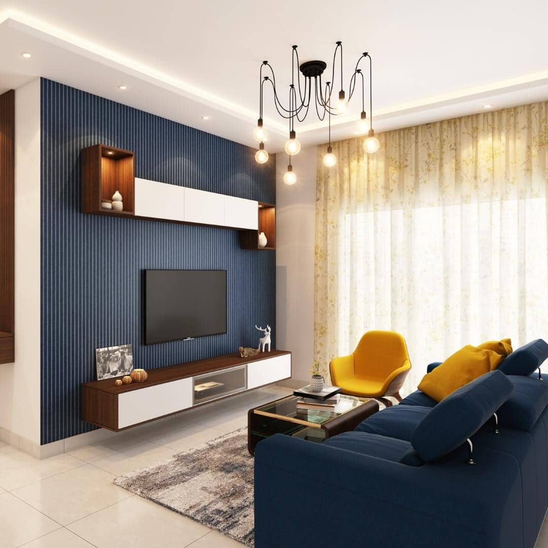 2. Modern Media Wall with Blue Accents and Mid-Century Touches - royal blue living room ideas