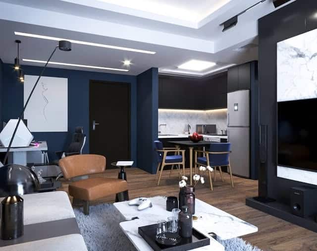 4. Open-Concept Apartment with Navy Modernism - royal blue living room ideas
