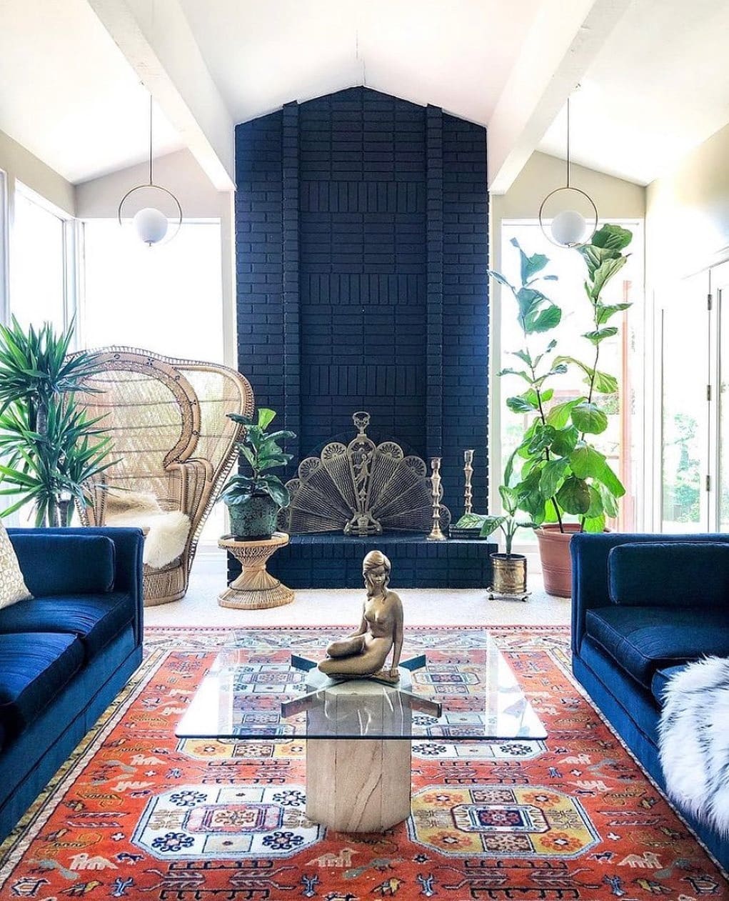 5. Bohemian Living Room with Blue Fireplace Anchor - royal blue living room ideas