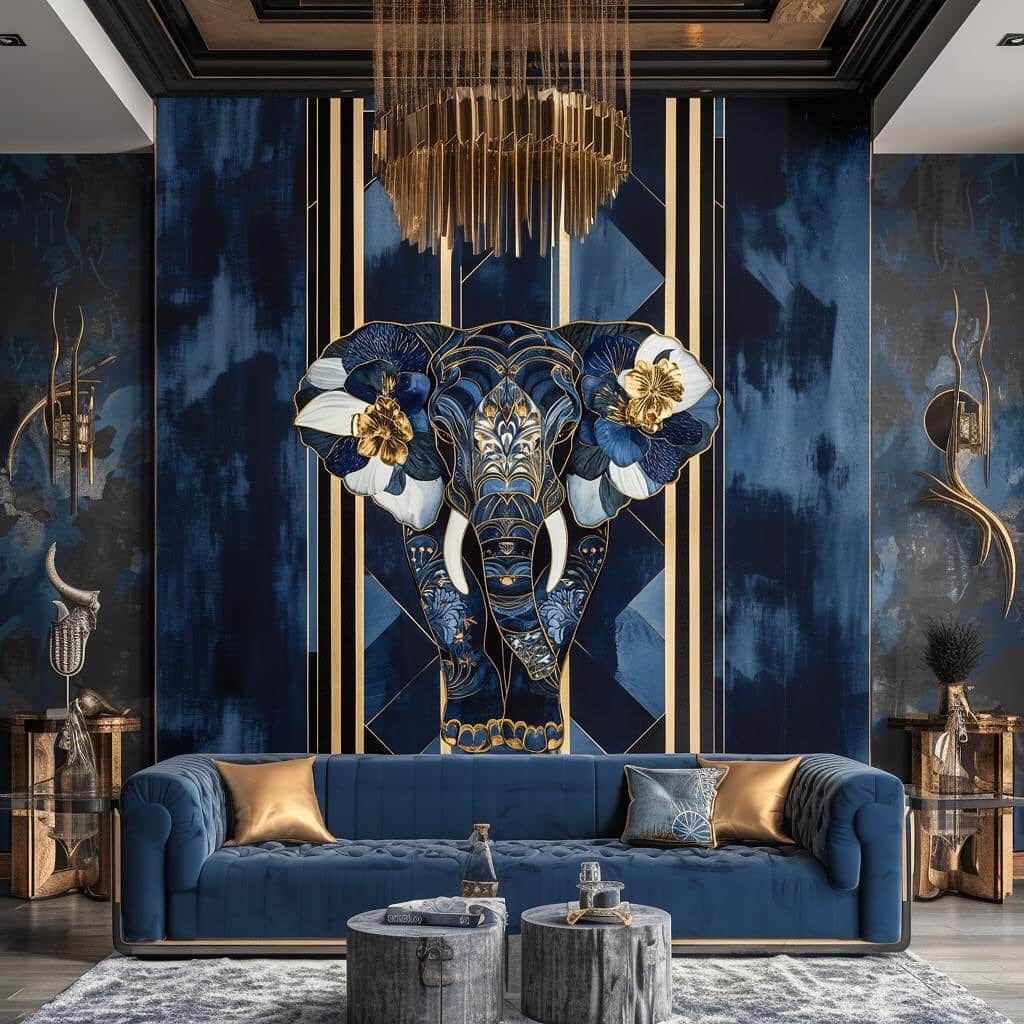 6. Art Deco Royal Blue Feature Wall with Gold Detailing - royal blue living room ideas