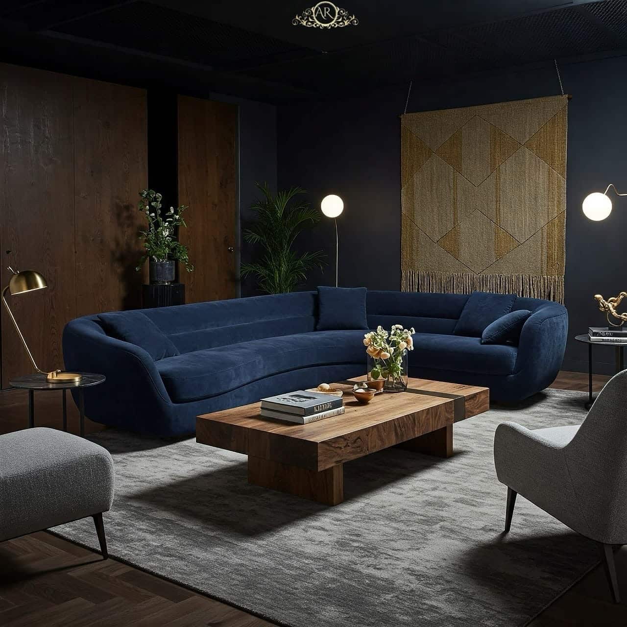 11. Moody Royal Blue Lounge with Sculptural Furniture - royal blue living room ideas