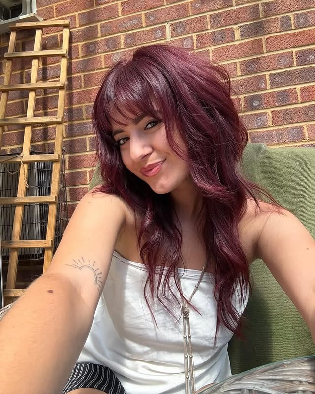 21. Deep Plum Long Shag with Full Fringe - Shaggy Haircut