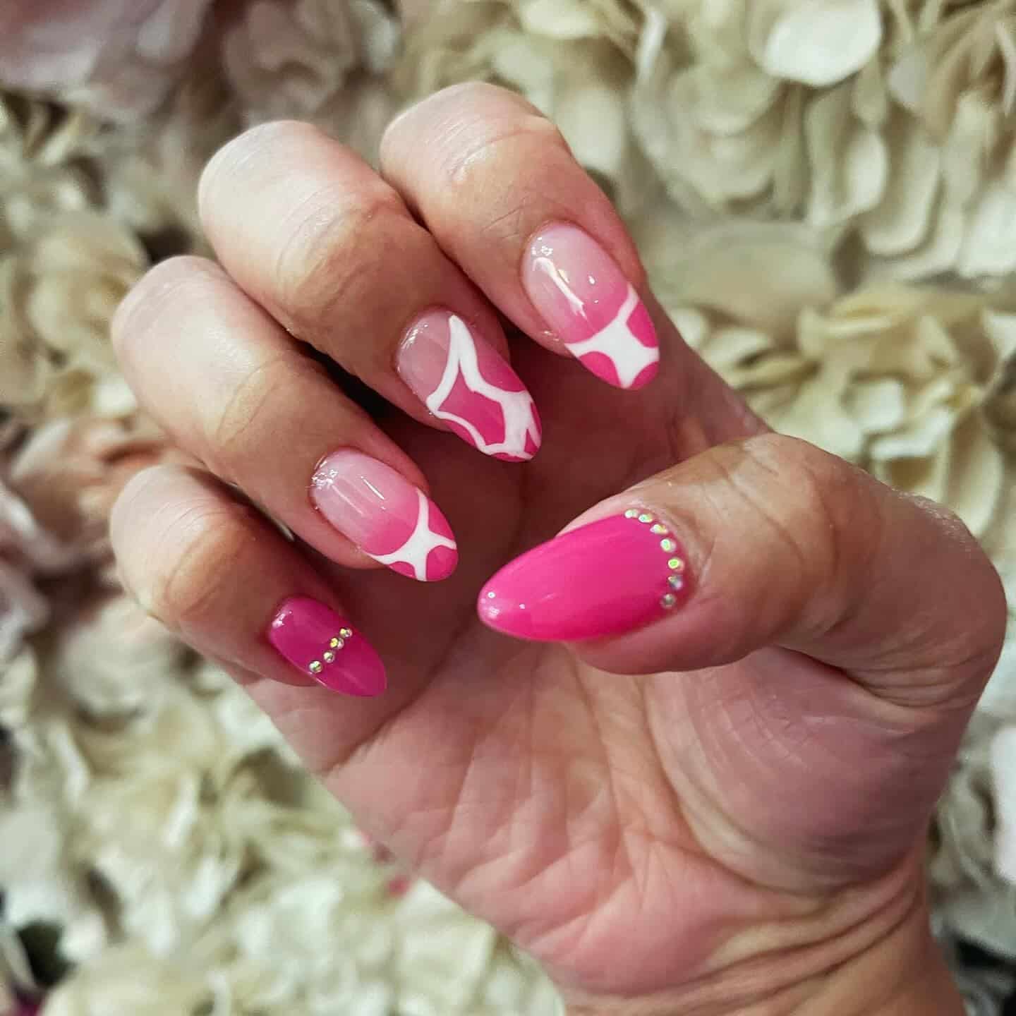7. Fuchsia Art Nails with White Abstract Detailing - fuchsia nail ideas