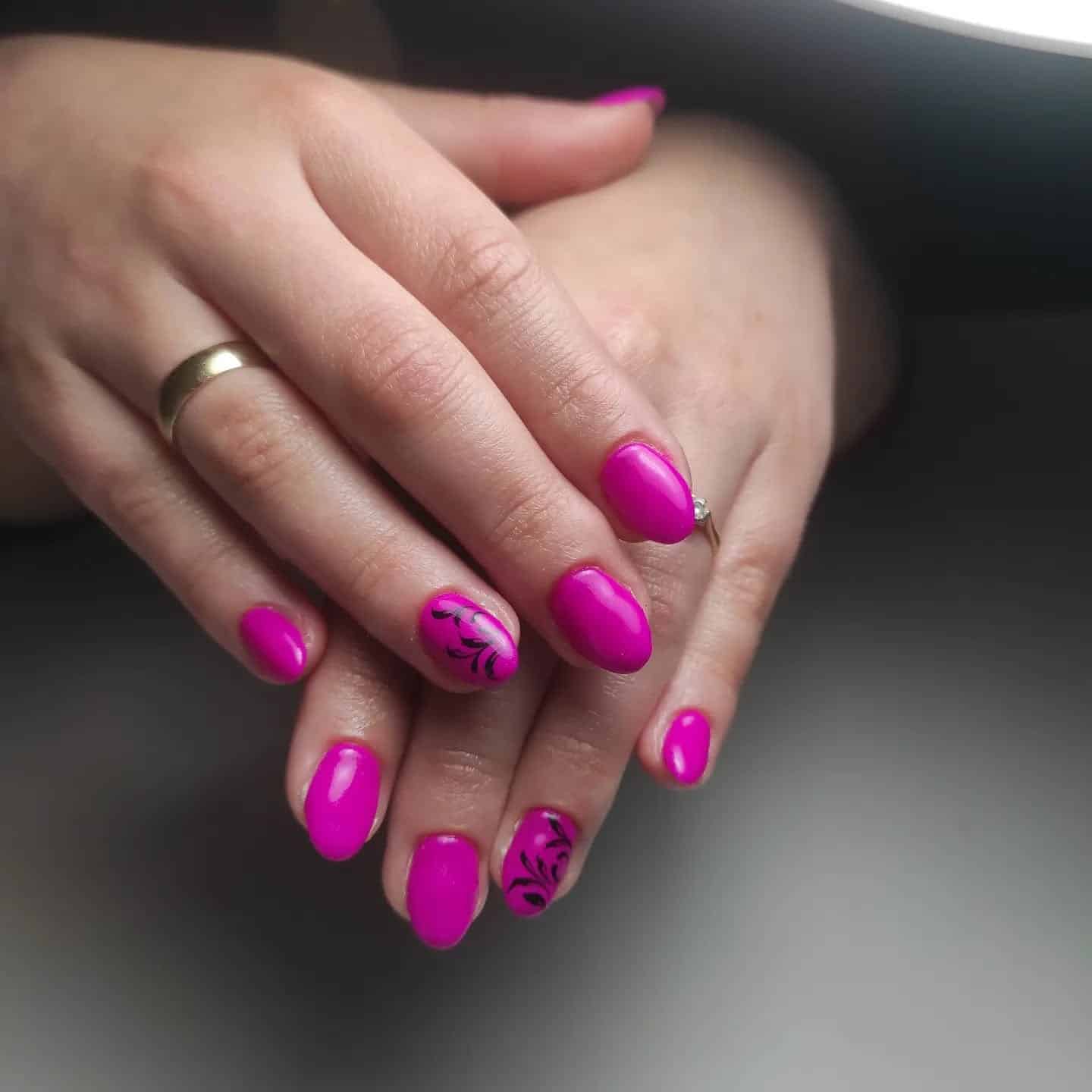 10. Fuchsia Nails with Black Leaf Art Accents - fuchsia nail ideas