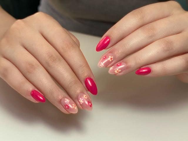 19. Fuchsia and Pink Floral Fade Almond Nails - fuchsia nail ideas