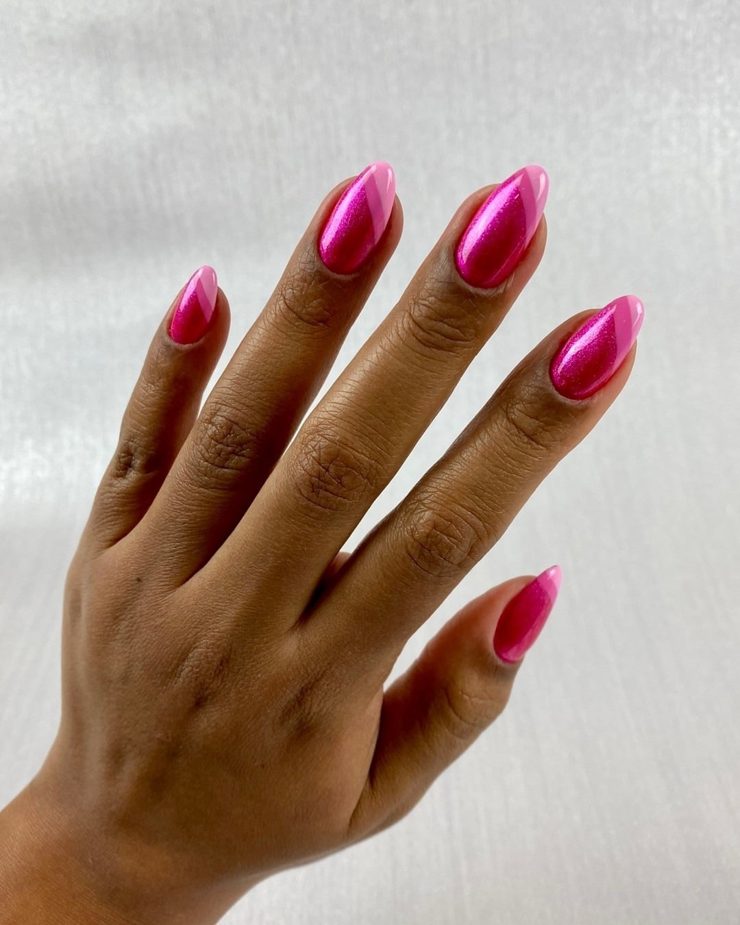 20. Shimmer Fuchsia Almond Nails with Angled Pink Tips - fuchsia nail ideas