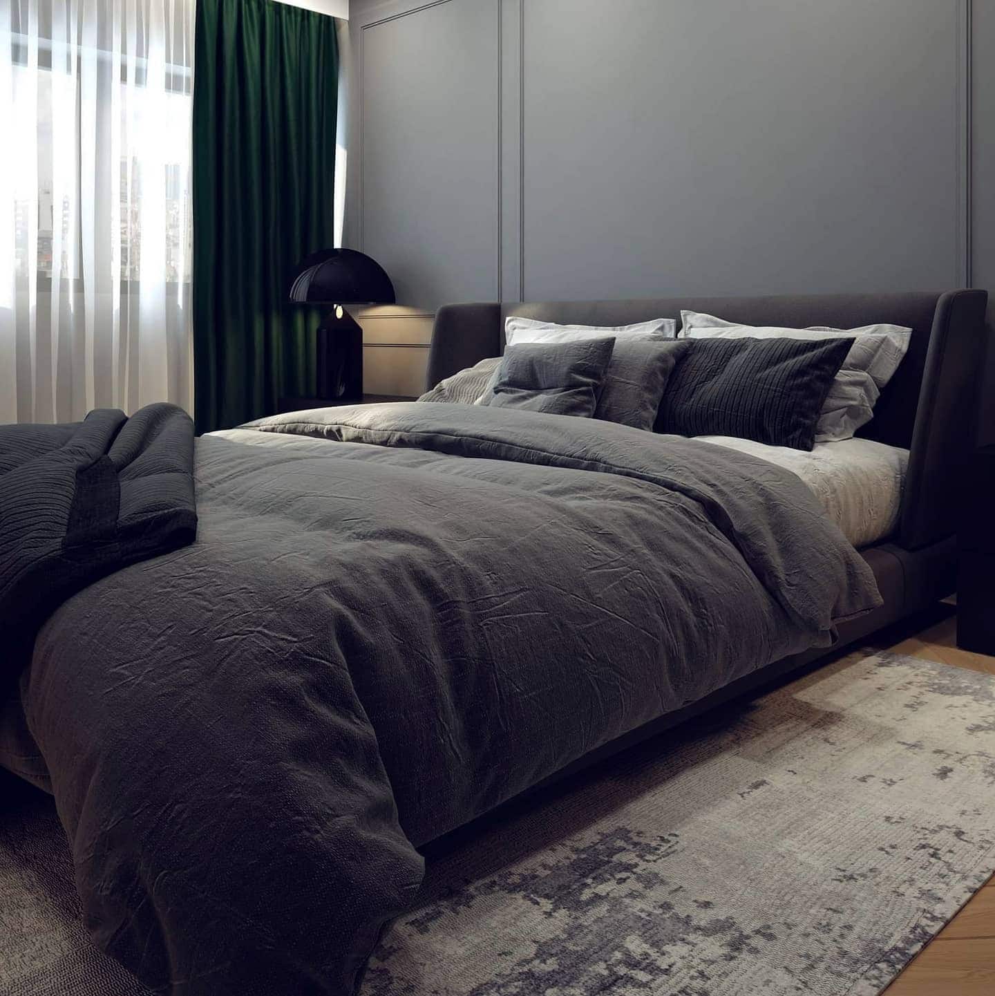 7. Deep Grey Contemporary Comfort - grey, black and white bedroom ideas