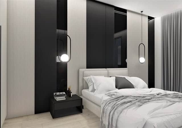 9. Monochrome Vertical Statement Design - grey, black and white bedroom ideas