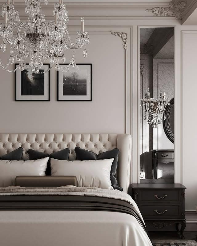10. Classic Greyscale Grandeur - grey, black and white bedroom ideas