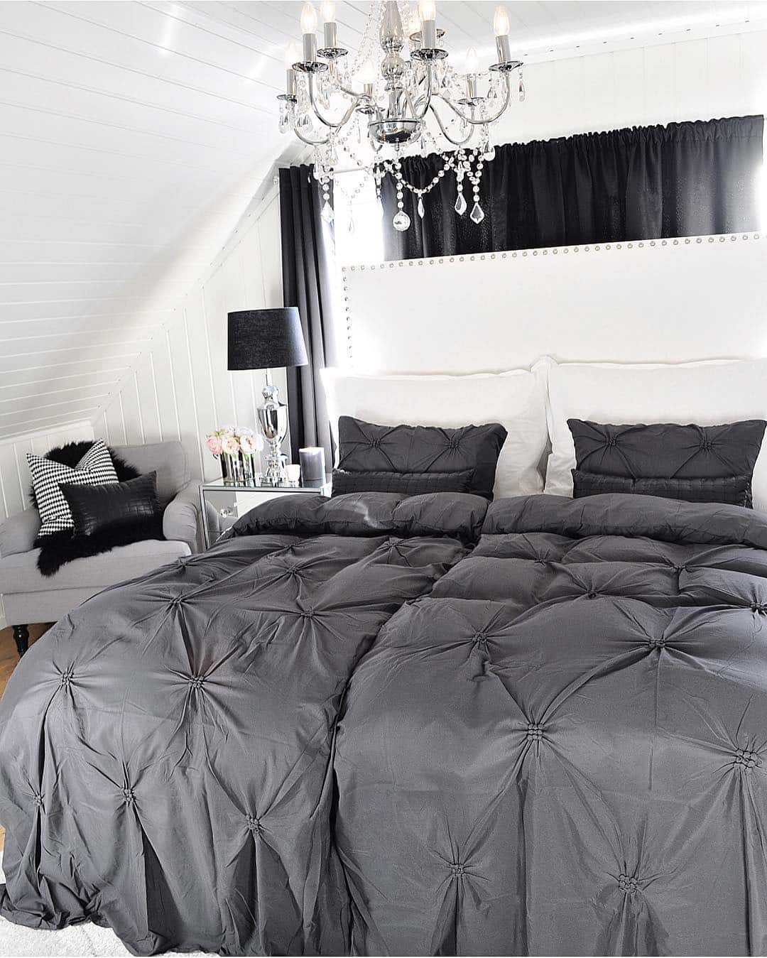 14. Bright Loft Bedroom With Bold Charcoal Bedding - grey, black and white bedroom ideas